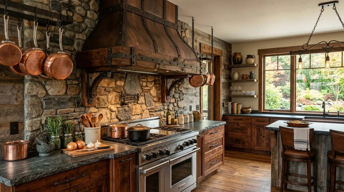 A rustic kitchen with stone walls, wooden cabinets, copper pots, and a large window overlooking a garden