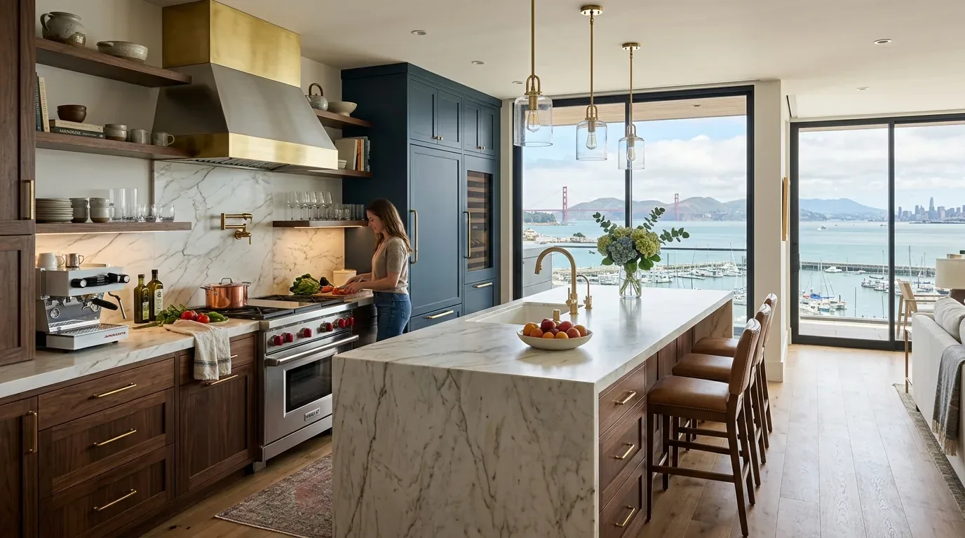 A modern kitchen with marble countertops, brass fixtures, wooden cabinetry, and a large window showing a bay with boats and a red suspension bridge in the