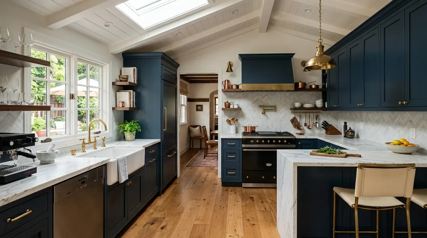 A modern kitchen with navy blue cabinetry, white marble countertops, brass fixtures, and wooden flooring