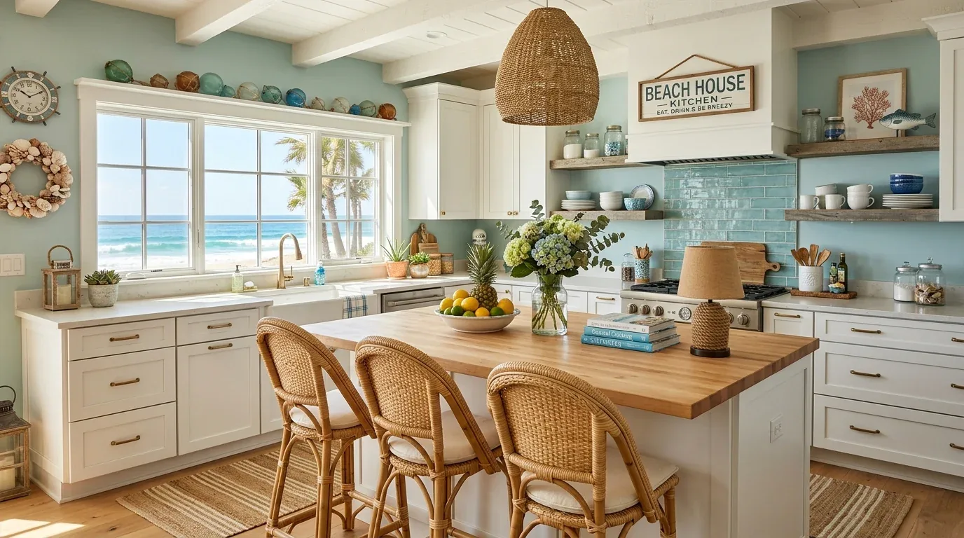 A bright beach-themed kitchen with white cabinetry, a wooden island with wicker chairs, and a large window overlooking the ocean