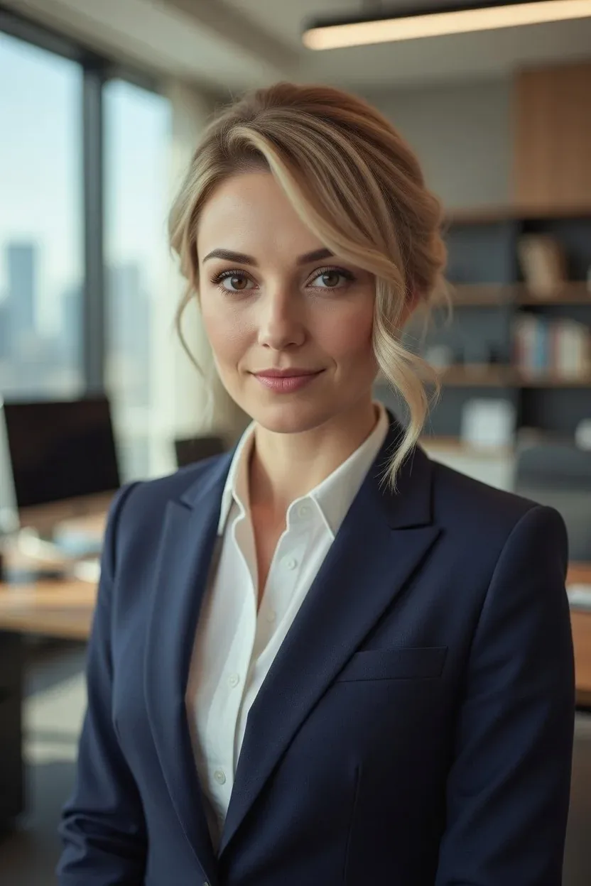 A professional woman in a navy blazer and white shirt standing in a modern office with large windows and bookshelves