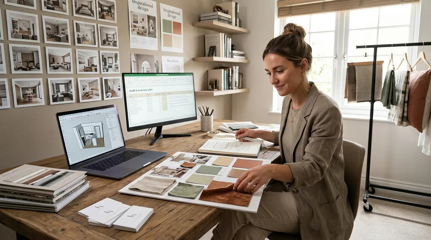 A woman working at a wooden desk with fabric swatches, design plans, and two computer screens in a bright, modern office space