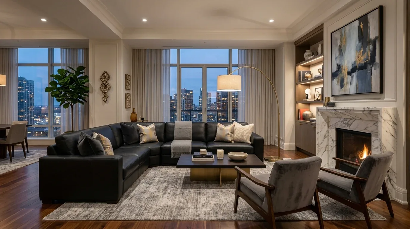 A modern living room with a large black sectional sofa, two armchairs, a marble fireplace, and a city skyline visible through large windows
