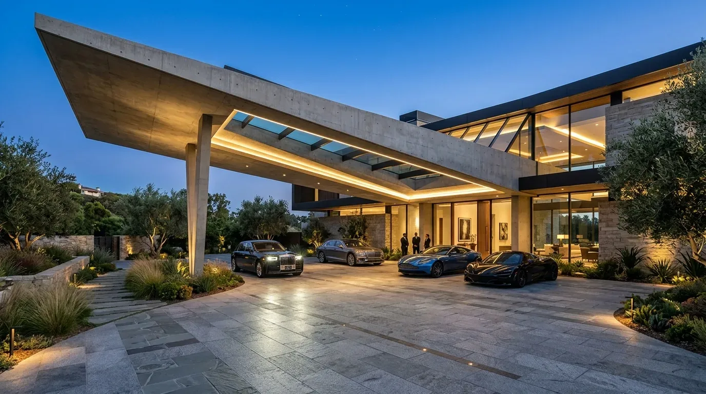 A modern luxury home exterior at dusk with a large covered driveway featuring four luxury cars and landscaped surroundings