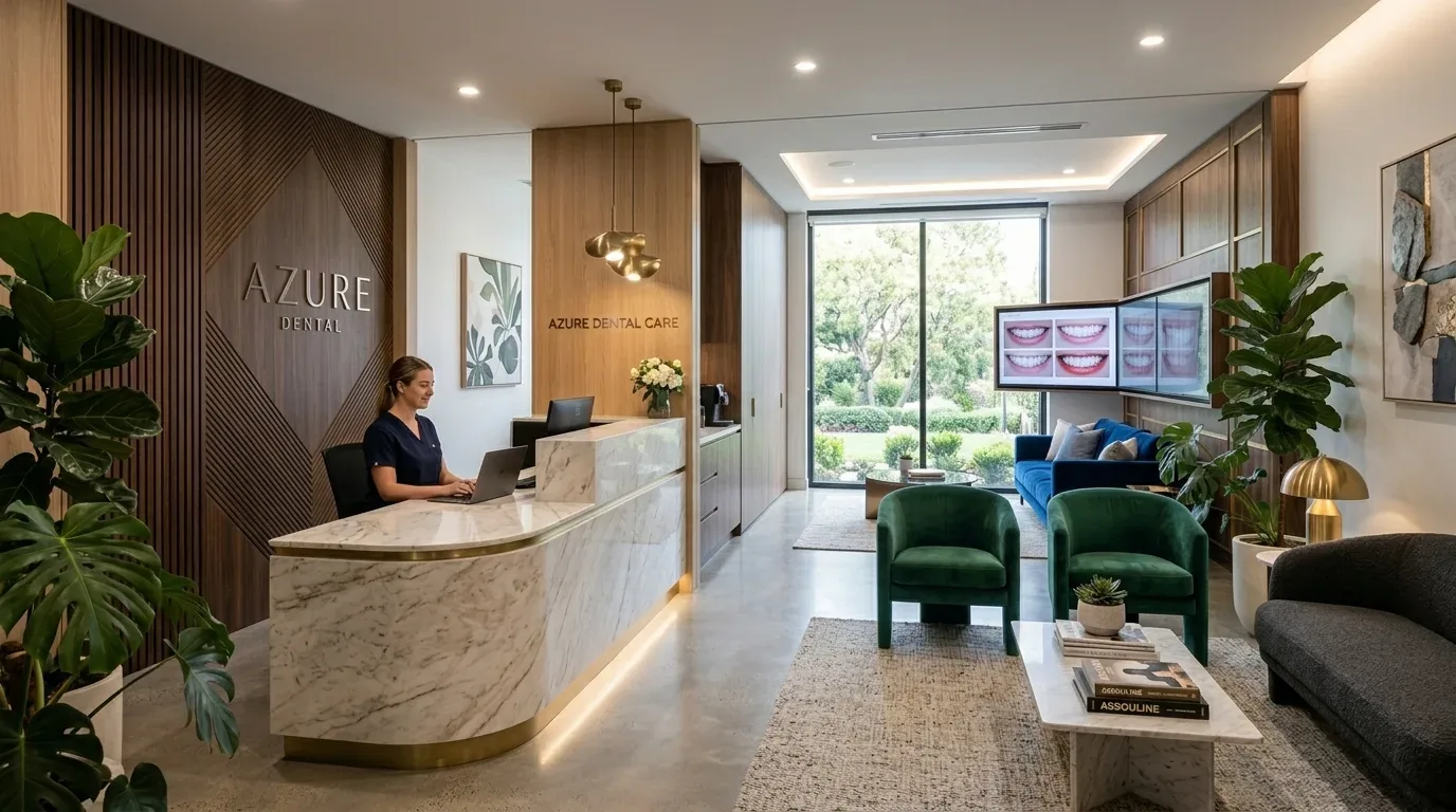 A modern dental office reception area with a marble desk, green and blue seating, plants, and a large window showing greenery outside