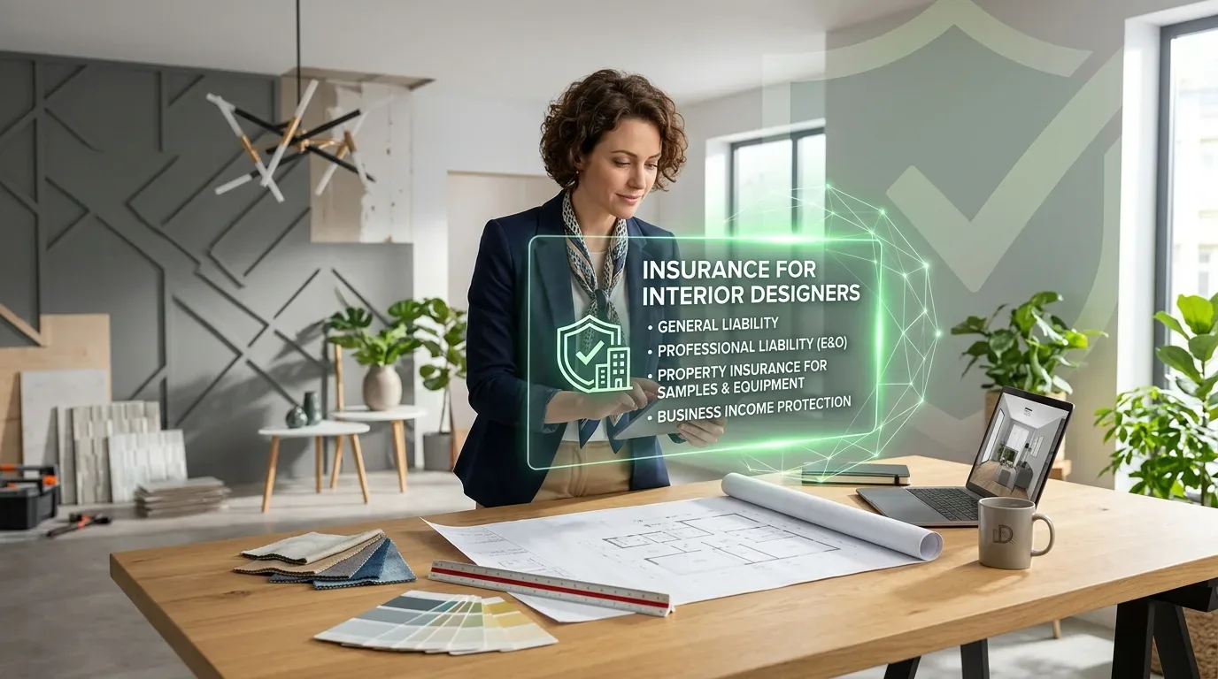 A woman in a modern office setting reviewing interior design plans with a digital overlay about insurance for interior designers