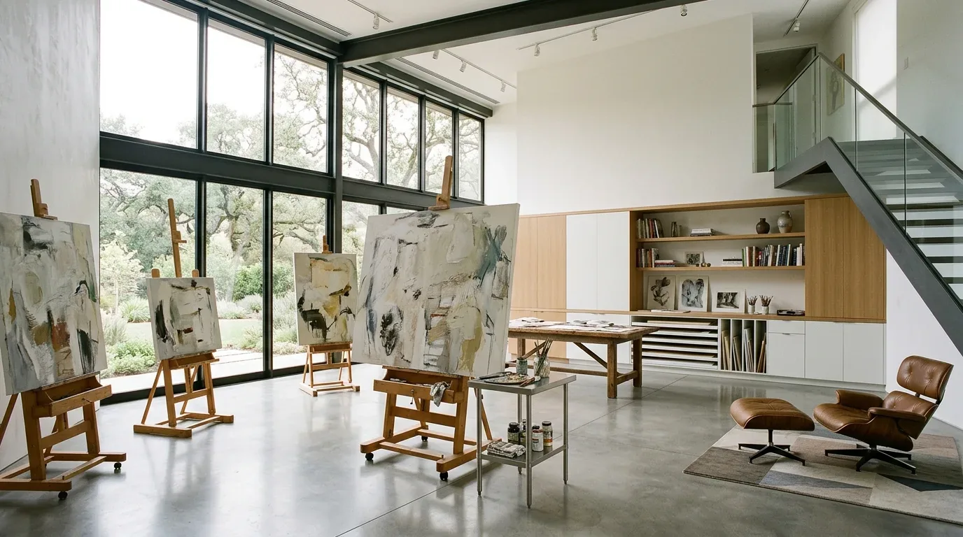 A spacious, modern art studio with large windows, easels holding abstract paintings, a wooden table, built-in shelving, and a leather lounge chair with