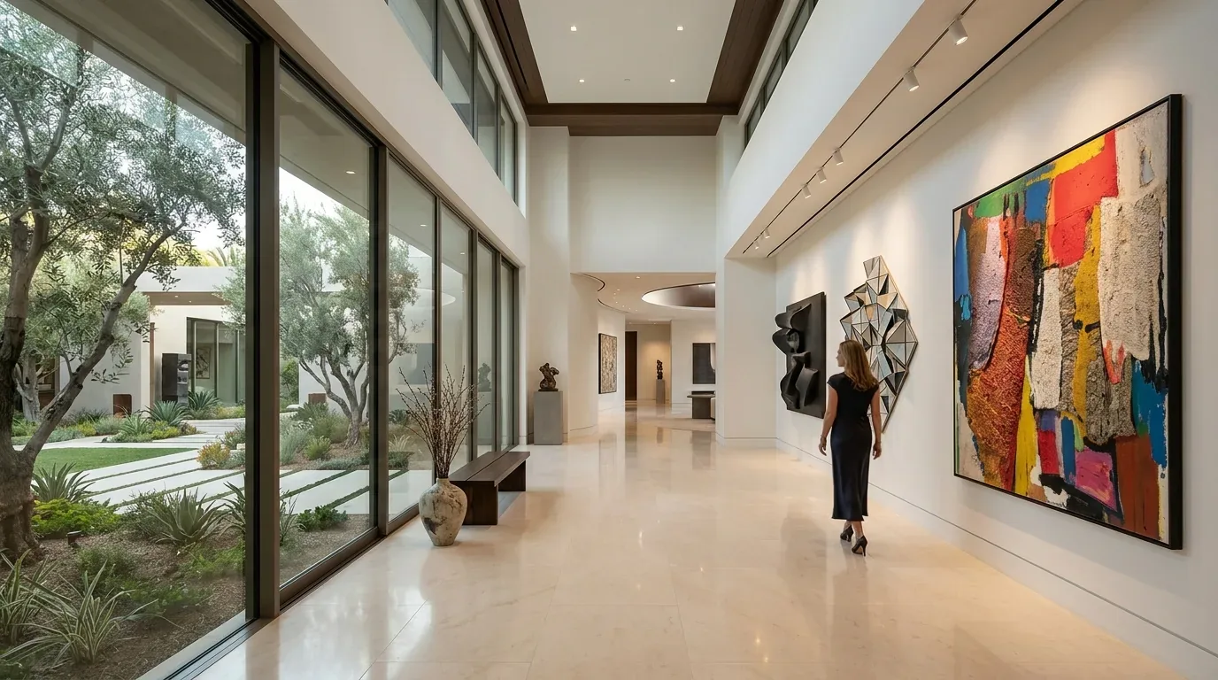 A modern, spacious hallway with large windows overlooking a garden, featuring abstract wall art and a woman walking