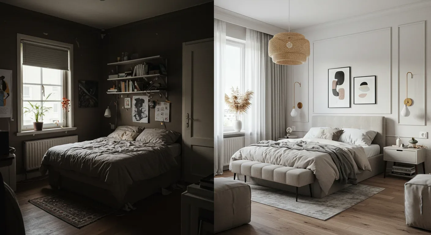 A split image showing a dark, cluttered bedroom on the left and a bright, modern, and neatly arranged bedroom on the right
