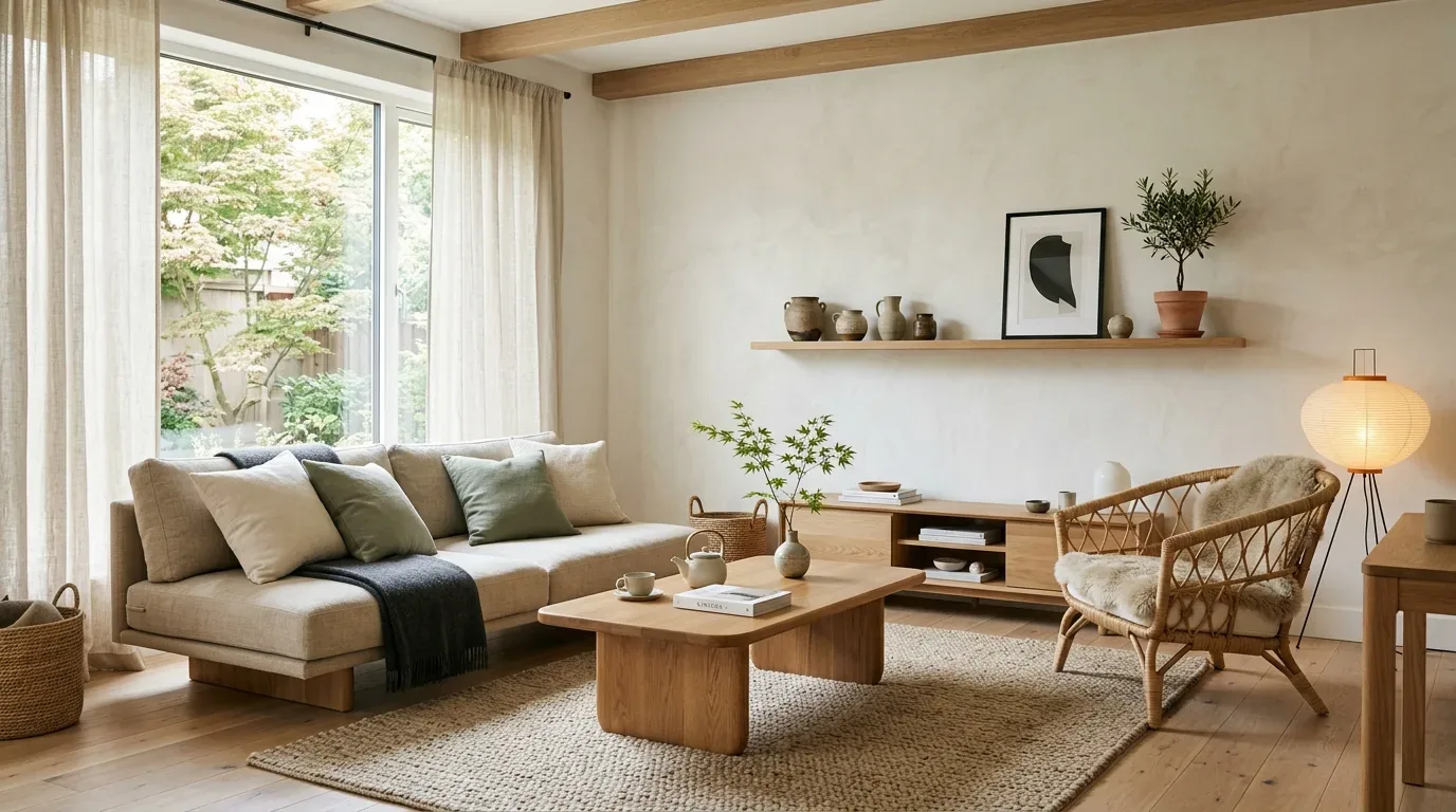 A bright living room with a beige sofa, wooden coffee table, rattan chair, and minimalist decor featuring natural tones and textures