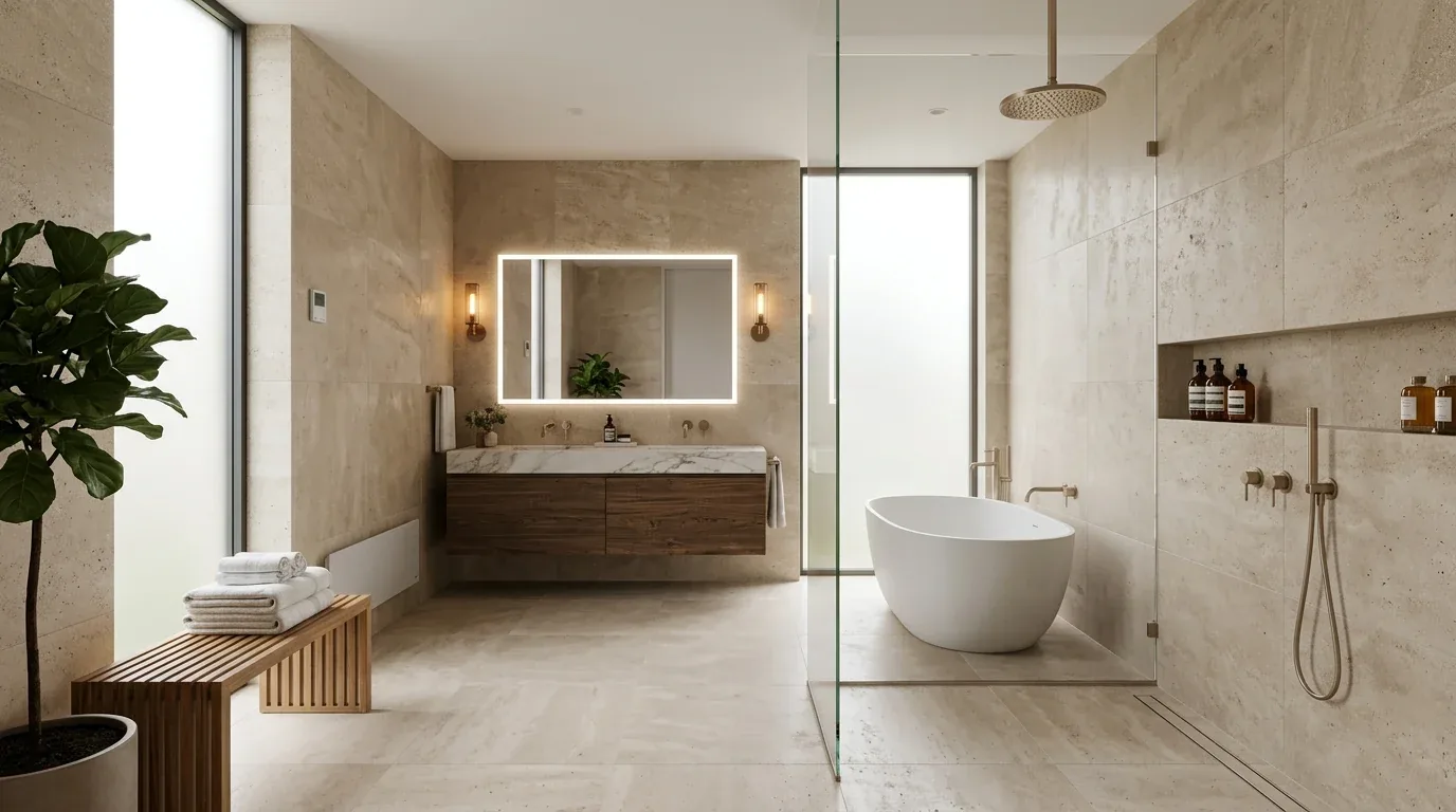 A modern bathroom with a freestanding bathtub, glass shower enclosure, floating vanity with illuminated mirror, and neutral stone tiles
