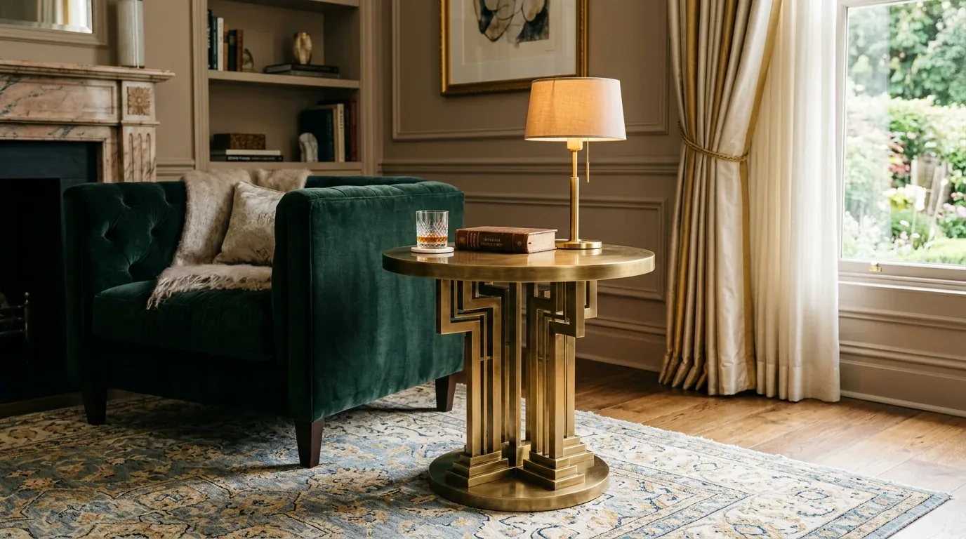 A cozy living room corner with a green velvet sofa, a gold geometric side table holding a lamp, a book, and a glass, next to a window with cream curtains