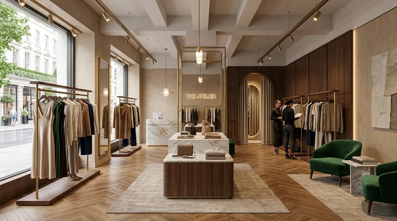A modern, elegant clothing boutique interior with marble display tables, wooden racks, and green velvet chairs