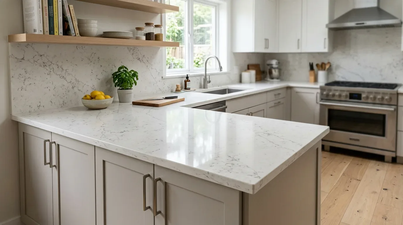 A modern kitchen with white marble countertops, light wood flooring, and stainless steel appliances