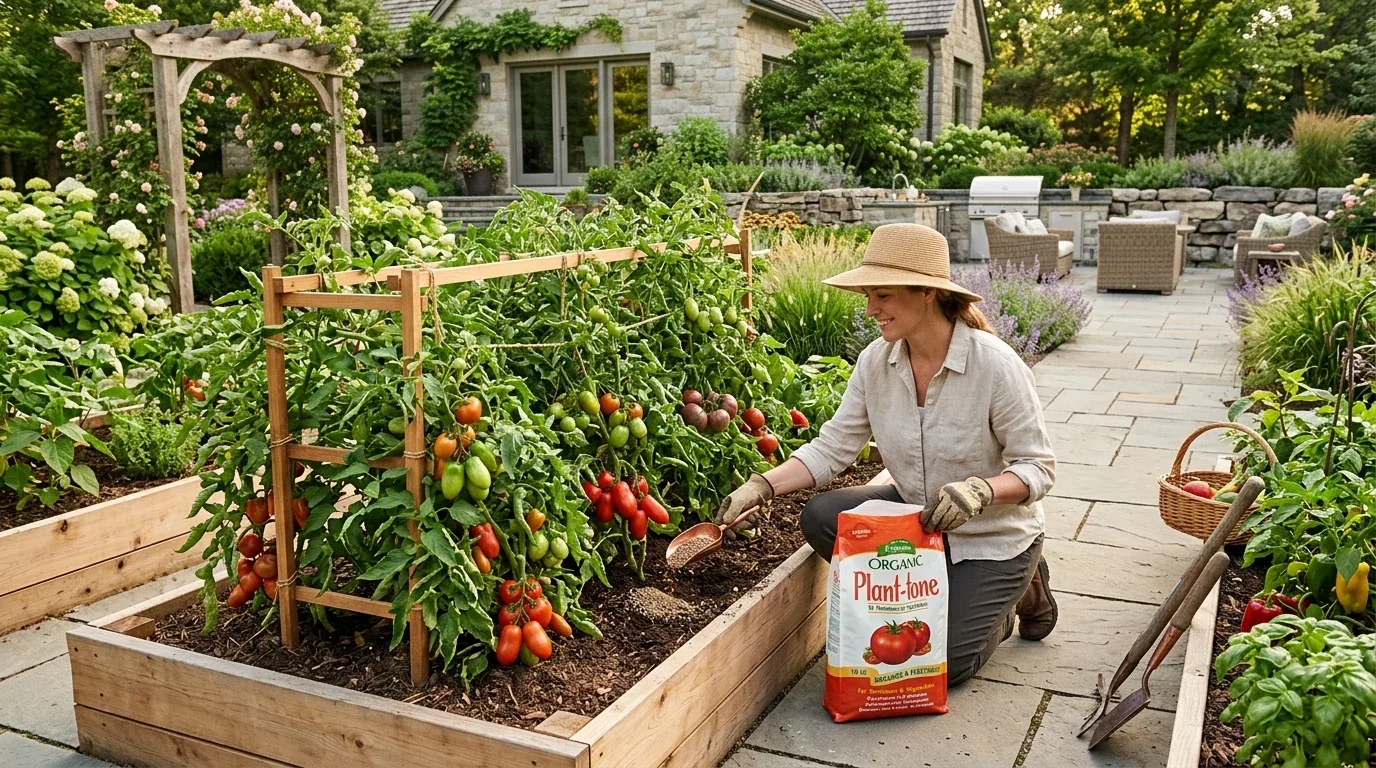 A woman gardening in a raised bed vegetable garden with ripe tomatoes, surrounded by lush greenery and outdoor seating area