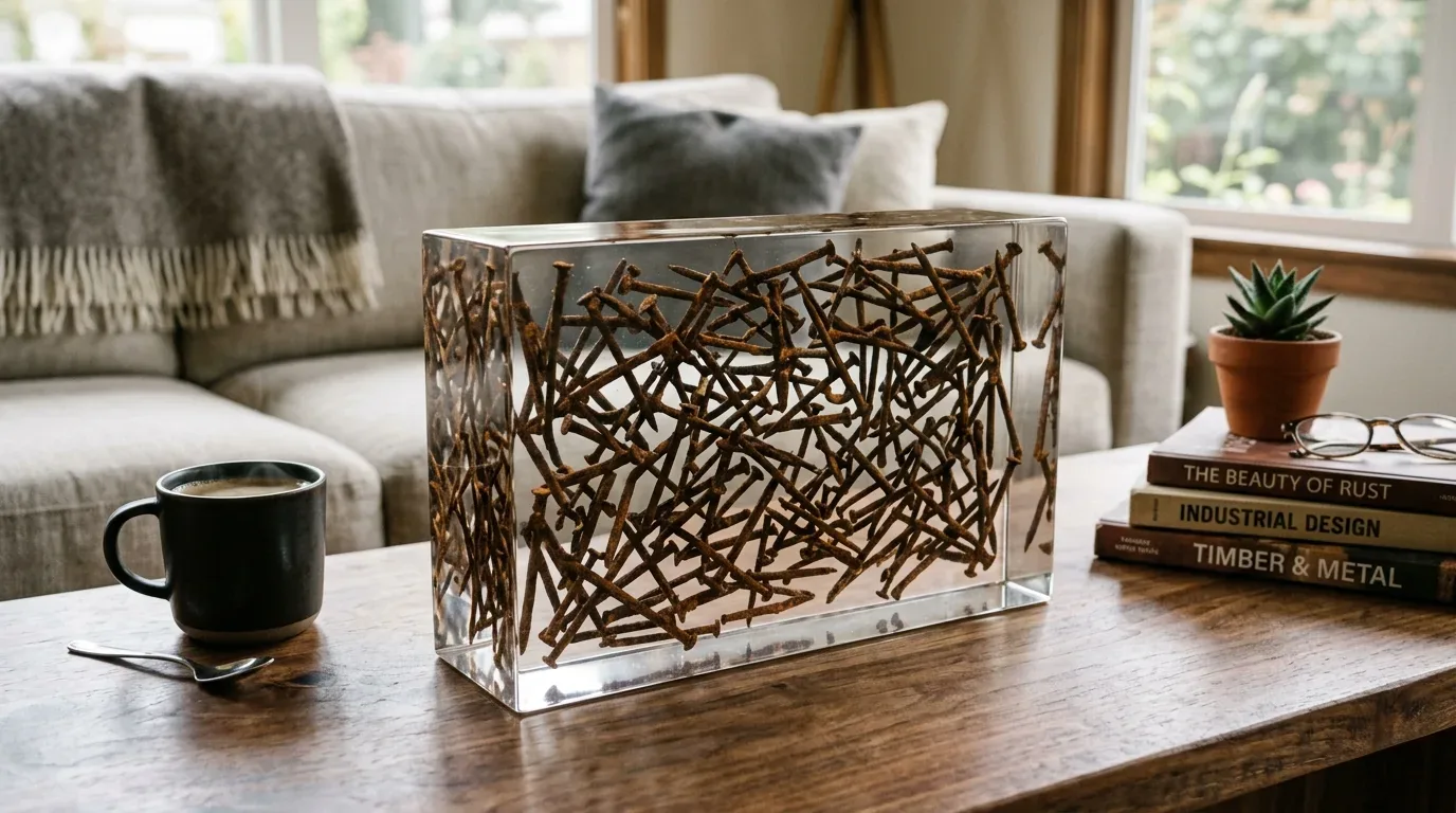 A living room coffee table with a decorative block filled with rusty nails, a black coffee mug, and a stack of design books next to a small potted plant
