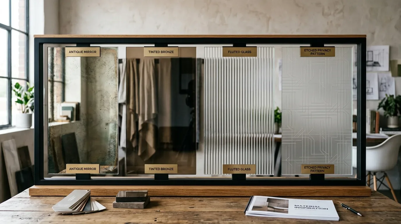 A display of four different glass and mirror material samples labeled antique mirror, tinted bronze, fluted glass, and etched privacy pattern on a wooden table in a modern office setting