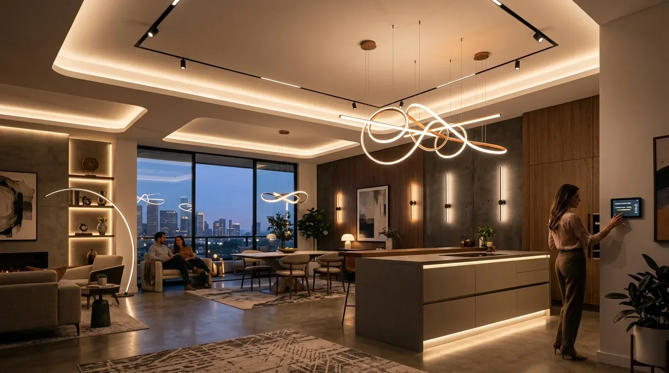 A modern open-concept living and dining area with a kitchen island, ambient lighting, and city skyline visible through large windows