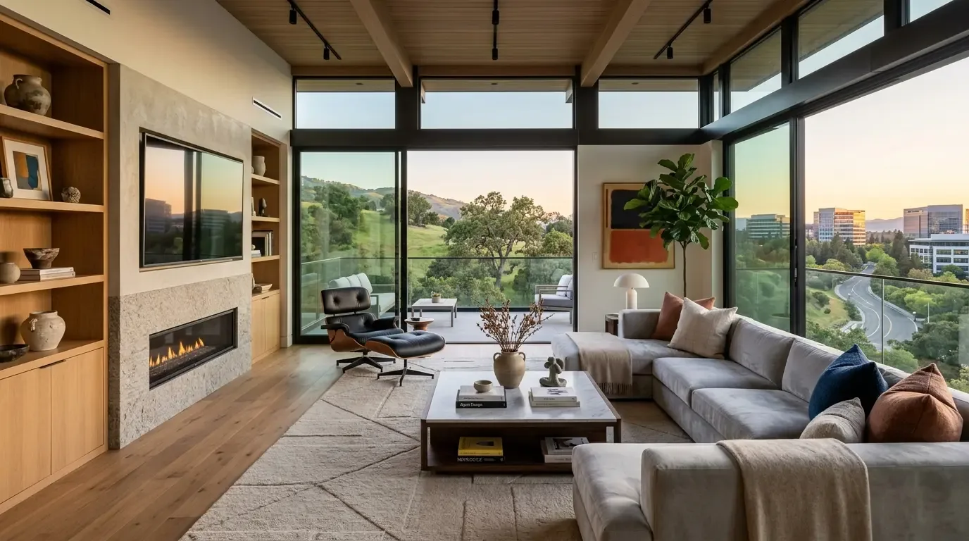 A modern living room with large floor-to-ceiling windows overlooking a green landscape and city buildings, featuring a sectional sofa, lounge chair, fireplace, and built-in wooden shelves