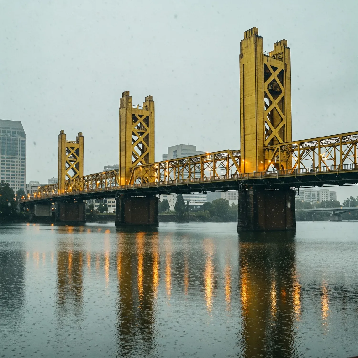 A yellow vertical lift bridge over a river with city buildings in the background on a rainy day