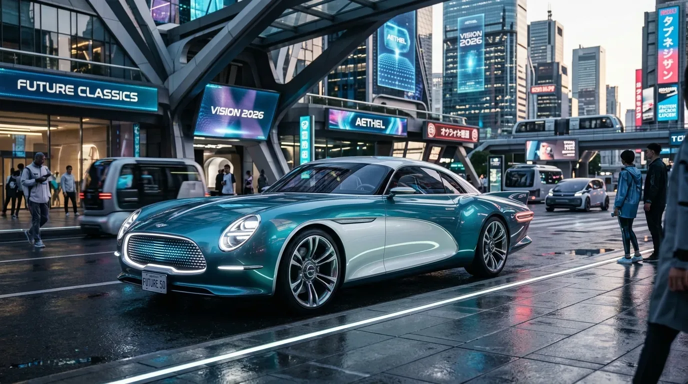 A futuristic teal and white sports car parked on a wet city street with modern buildings and digital billboards in the background