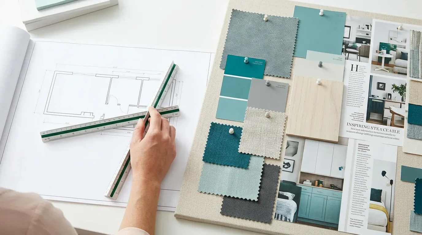 A hand using a triangular ruler on a floor plan next to a board with fabric swatches, paint samples, and interior design photos