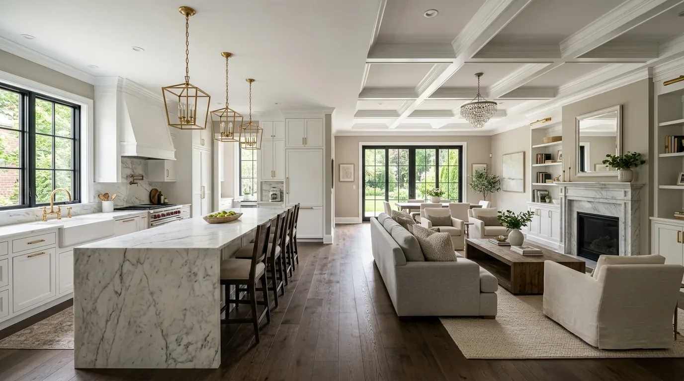 A bright open-concept kitchen and living room with white cabinetry, marble countertops, gold fixtures, and large windows overlooking greenery