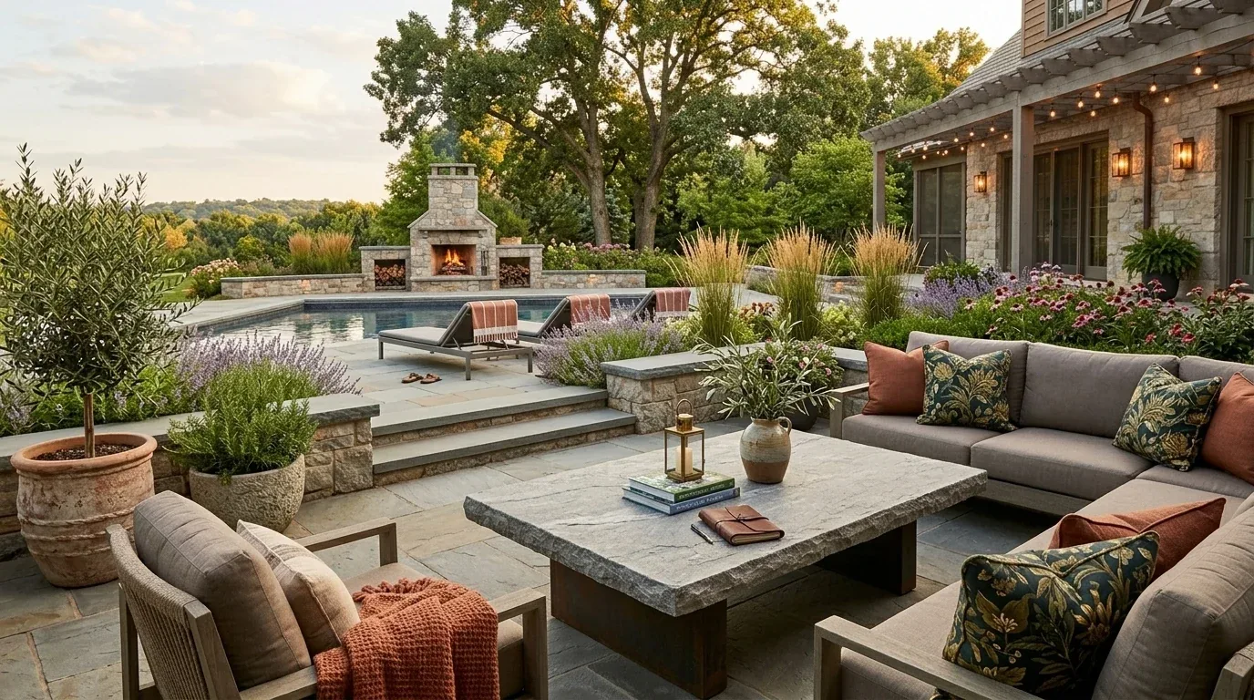 An outdoor patio area with stone flooring, a large stone fireplace, a swimming pool, and comfortable seating with cushions and pillows