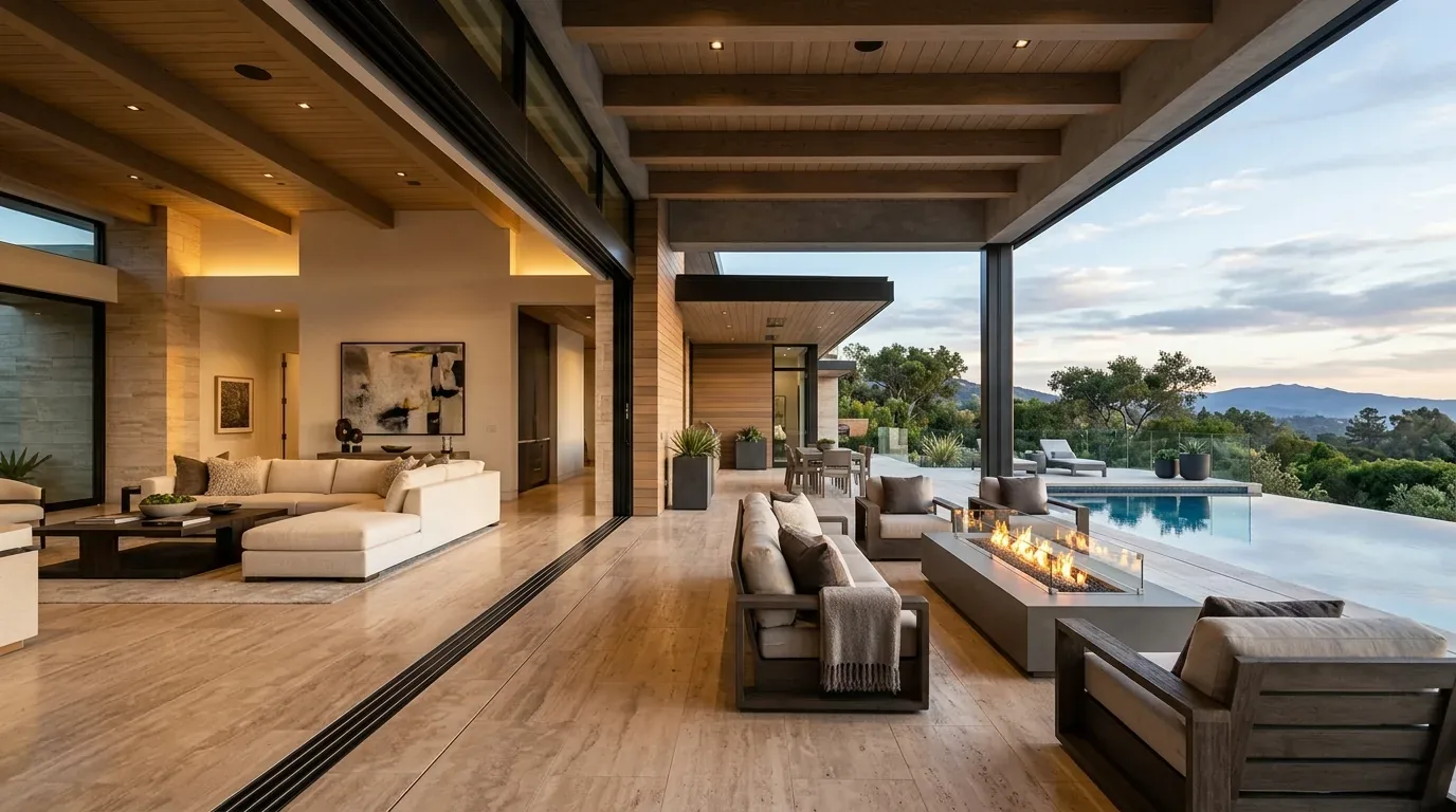 A modern open living room seamlessly connected to an outdoor patio with seating and a fire pit overlooking a pool and scenic mountain view