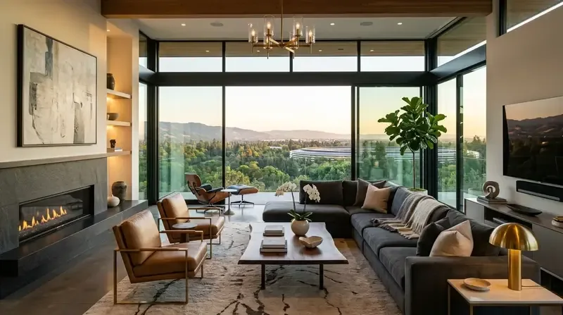 A modern living room with large floor-to-ceiling windows offering a scenic view, featuring a sectional sofa, leather chairs, a fireplace, and contemporary