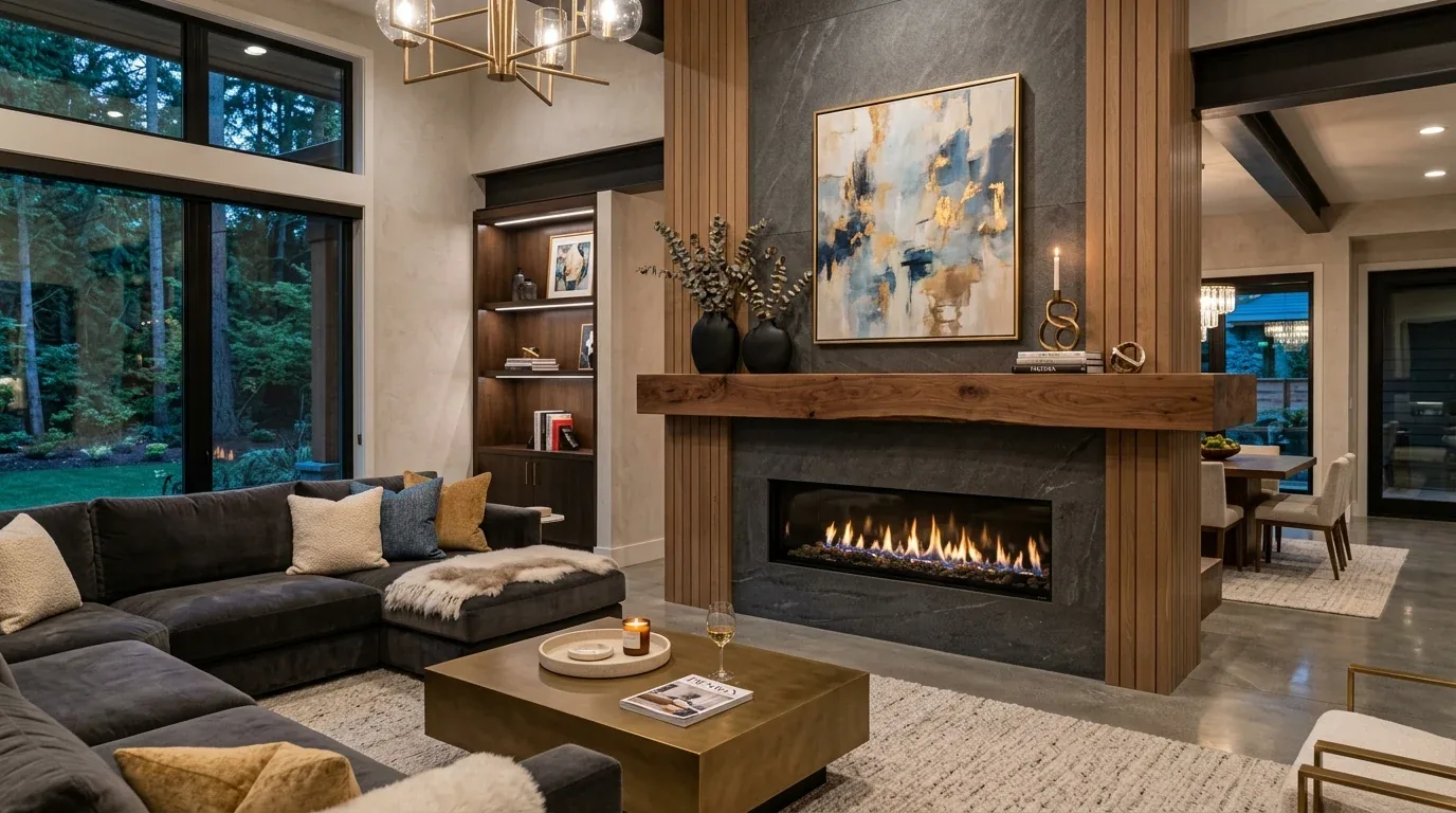 A modern living room with a large sectional sofa, a fireplace with a wooden mantel, abstract art above the fireplace, and a view of a wooded backyard through large windows