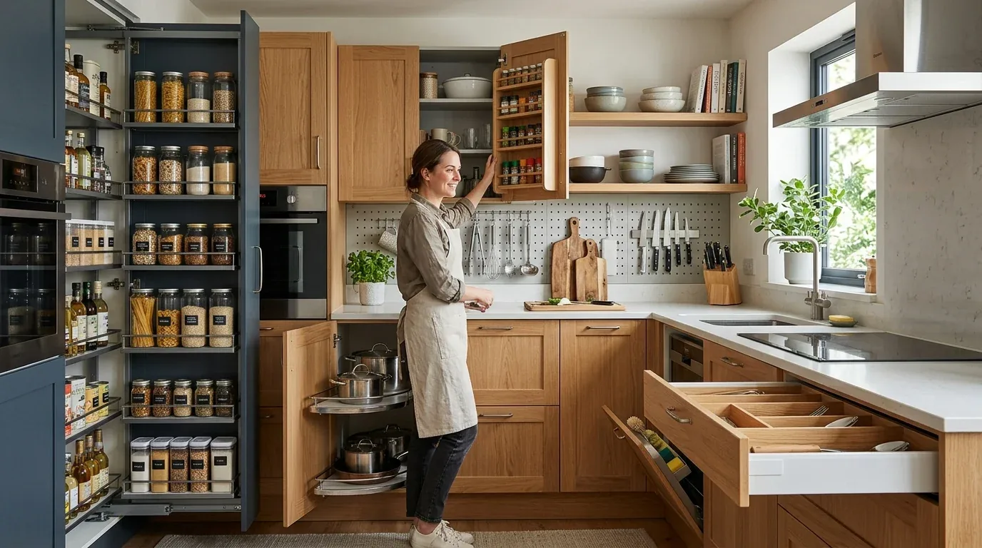 A modern kitchen with wooden cabinets, organized pantry shelves, and a woman reaching for spices in a cabinet