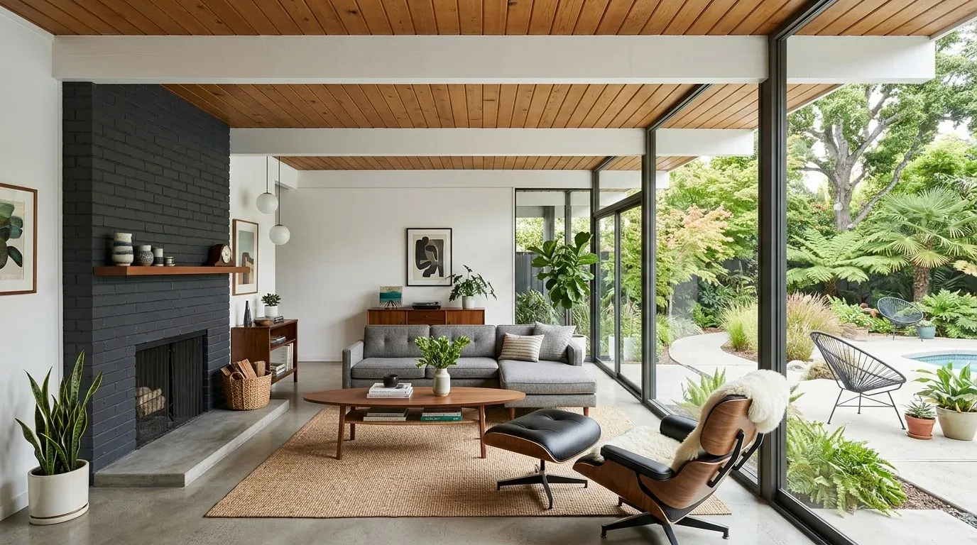 A modern living room with large glass windows overlooking a lush outdoor garden and pool area