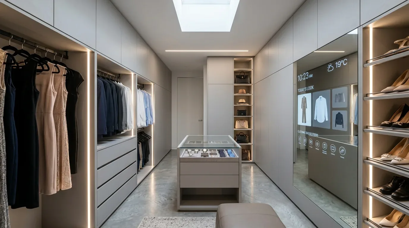 A modern walk-in closet with built-in shelves, hanging clothes, a central island with glass top, and a smart mirror displaying time, weather, and outfit suggestions