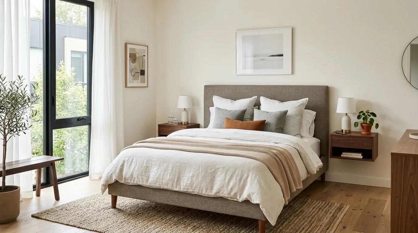 A bright, minimalist bedroom with a beige upholstered bed, neutral bedding, wooden furniture, and large window with sheer curtains