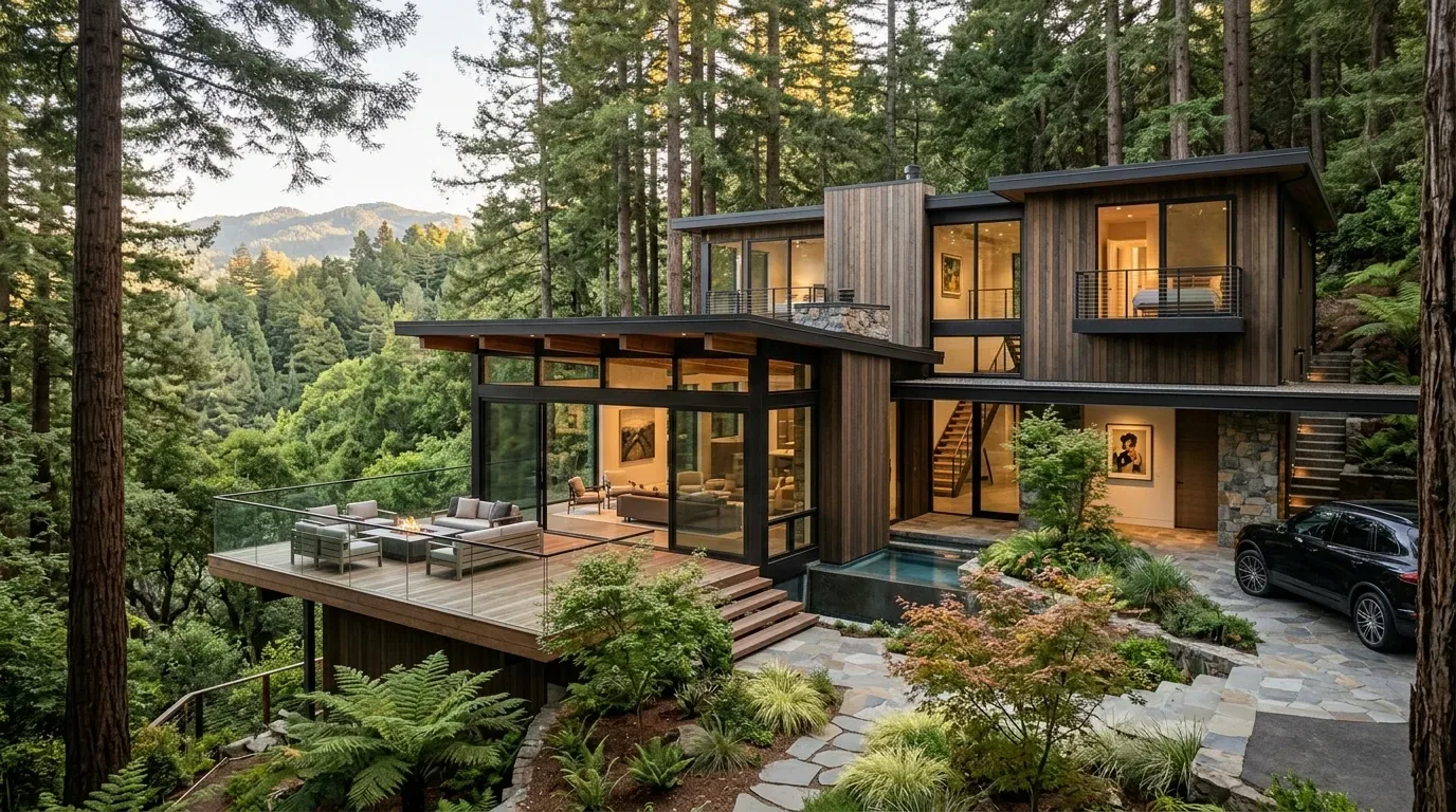 A modern two-story house with large glass windows, a wooden exterior, a spacious outdoor deck with seating, surrounded by dense forest and mountains in the