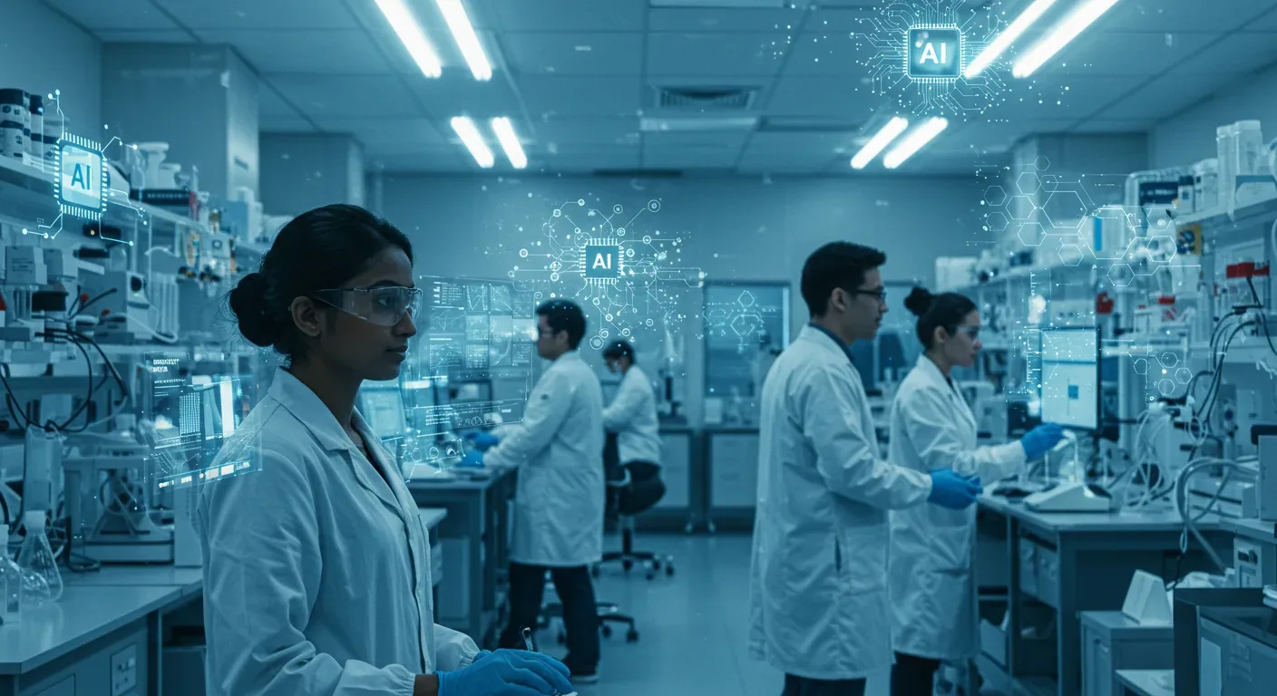 A modern laboratory with scientists in white lab coats working with advanced technology and AI interfaces
