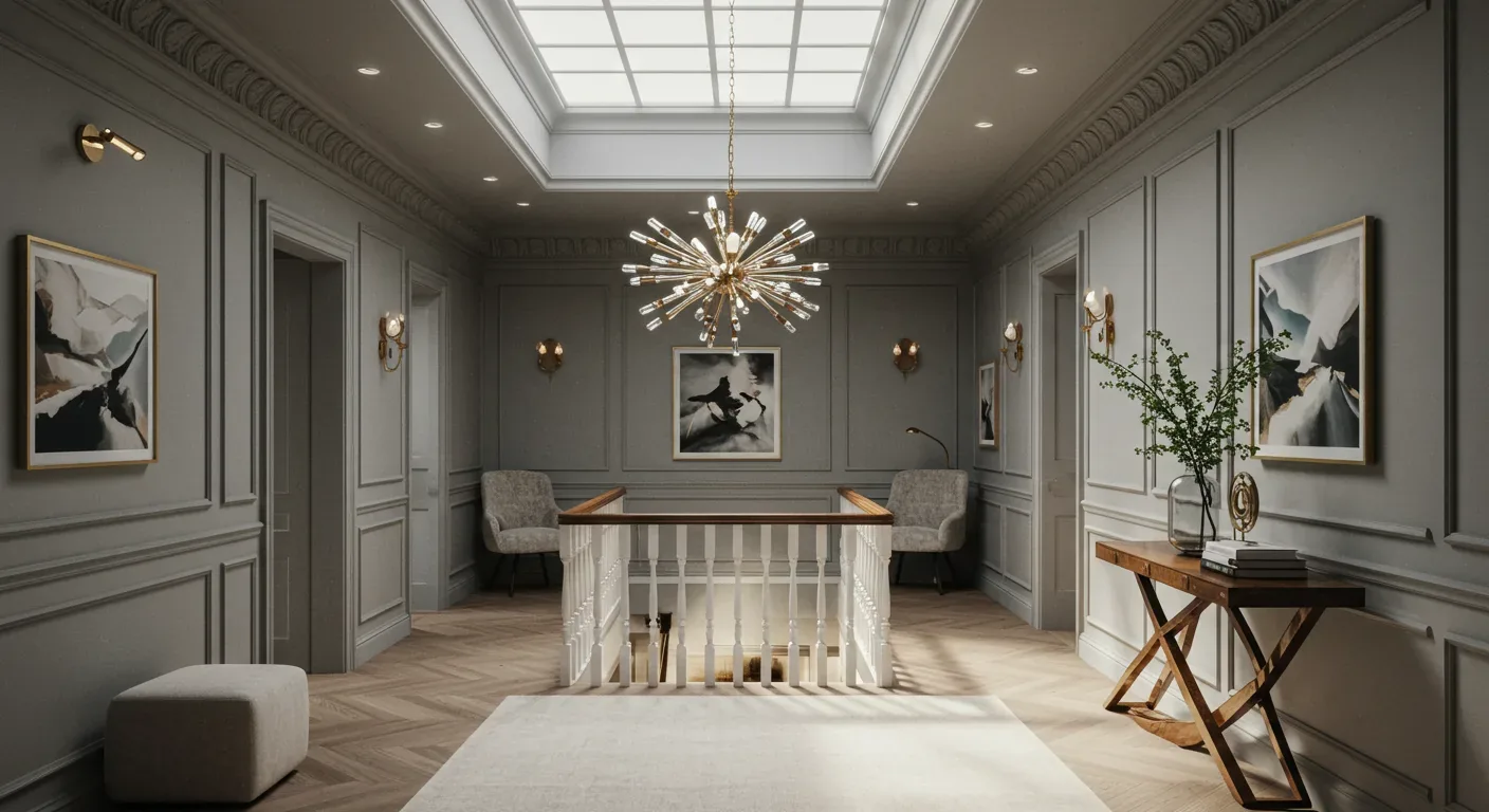 A sophisticated hallway or landing area with gray paneled walls, a modern chandelier, two armchairs, abstract artwork, and a wooden console table with