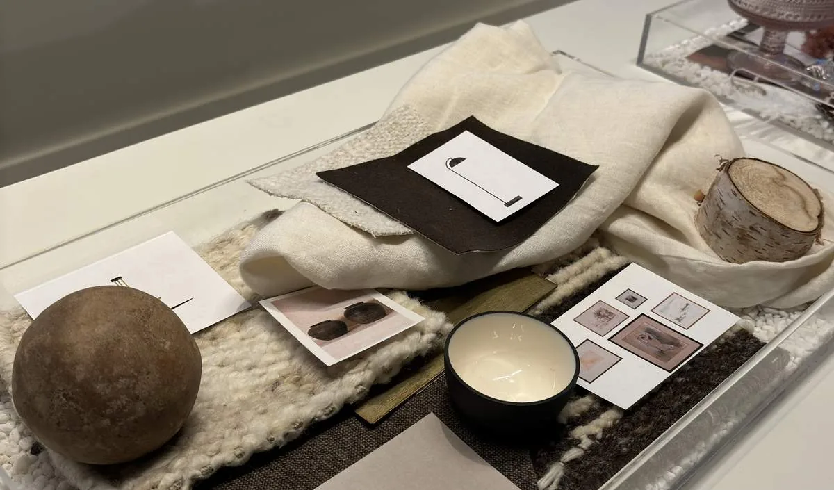 A flat lay of natural and neutral-toned fabric swatches, a small bowl, a wooden sphere, a birch log slice, and small printed images on a textured surface