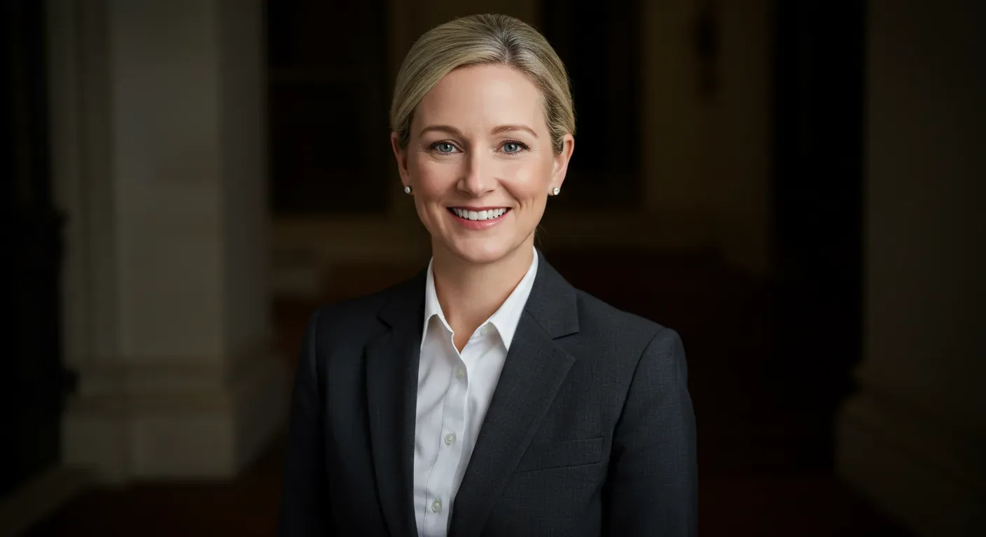 A professional headshot of a smiling woman in a dark blazer and white shirt against a dark blurred background