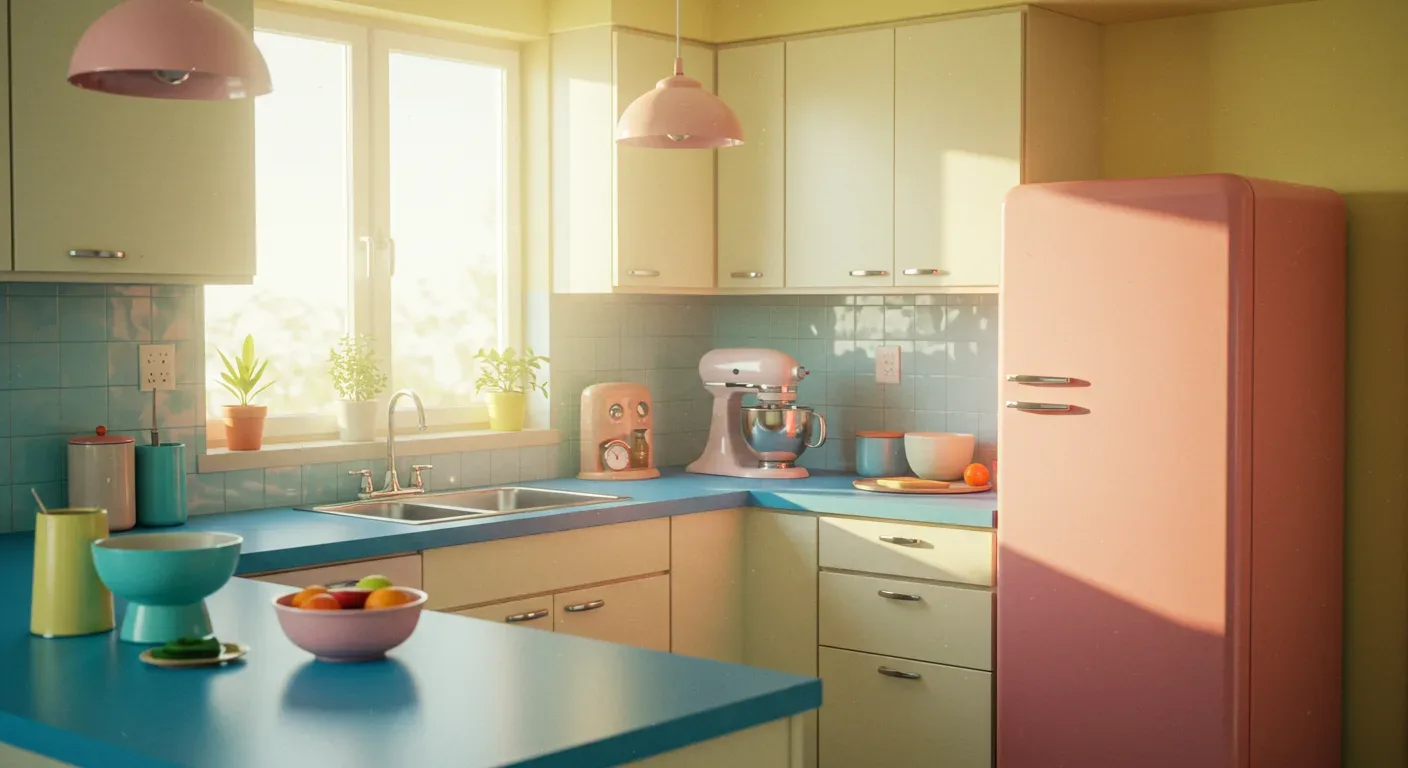A bright kitchen with pastel blue countertops, cream cabinets, pink retro fridge and appliances, and potted plants on the windowsill