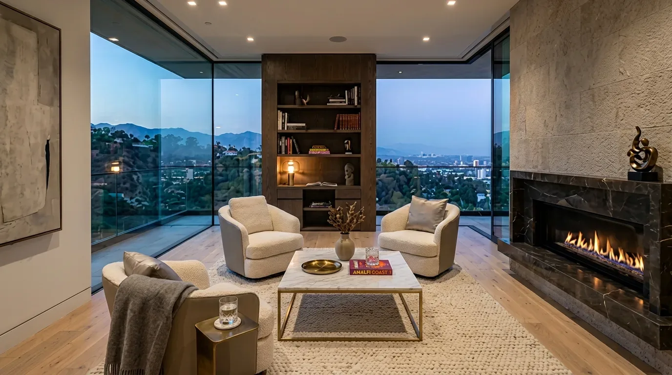 A modern living room with large glass windows offering a panoramic city and mountain view, featuring three armchairs around a marble coffee table, a