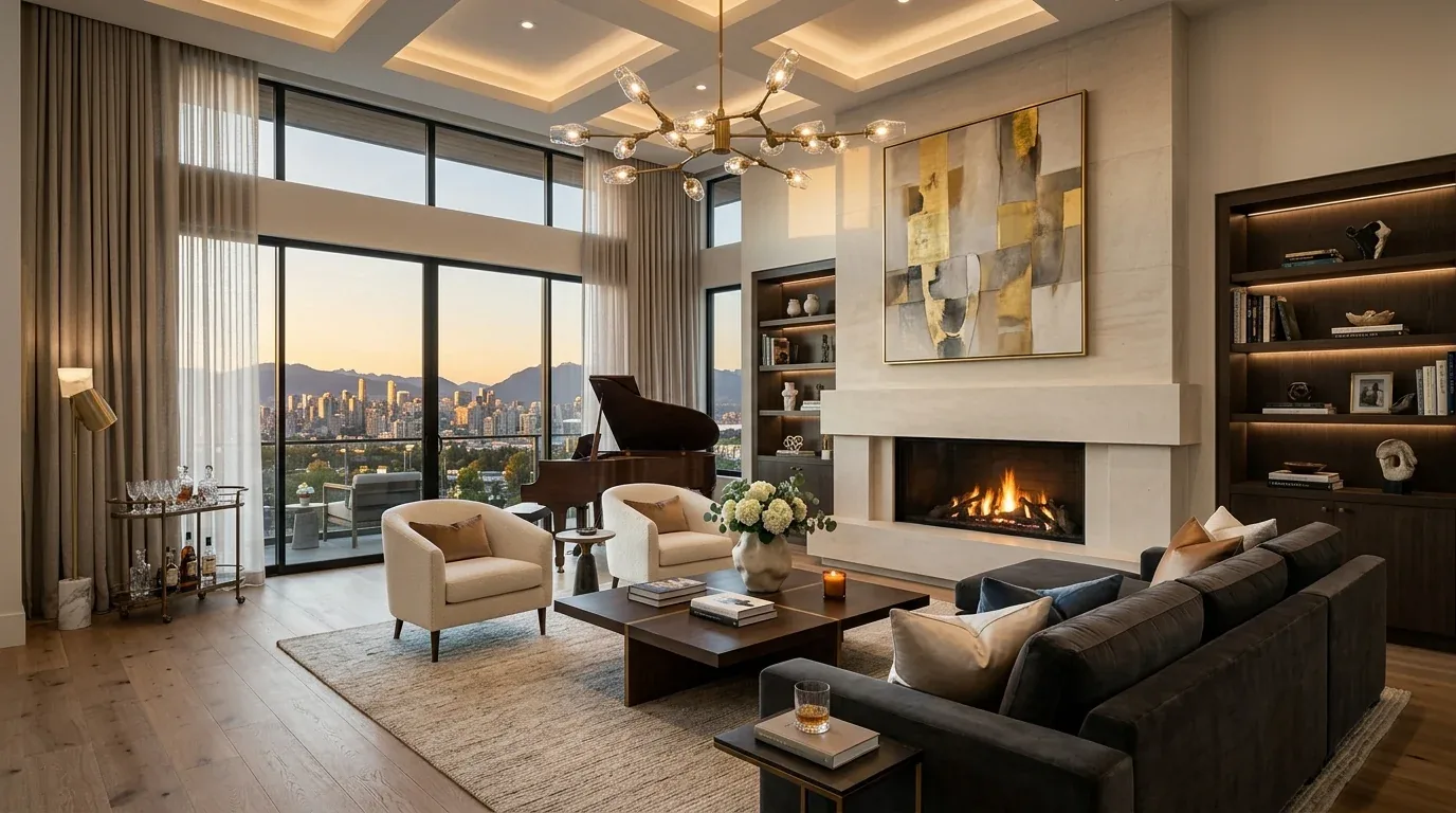 A modern living room with large windows showing a city skyline, a fireplace, a grand piano, and contemporary furniture