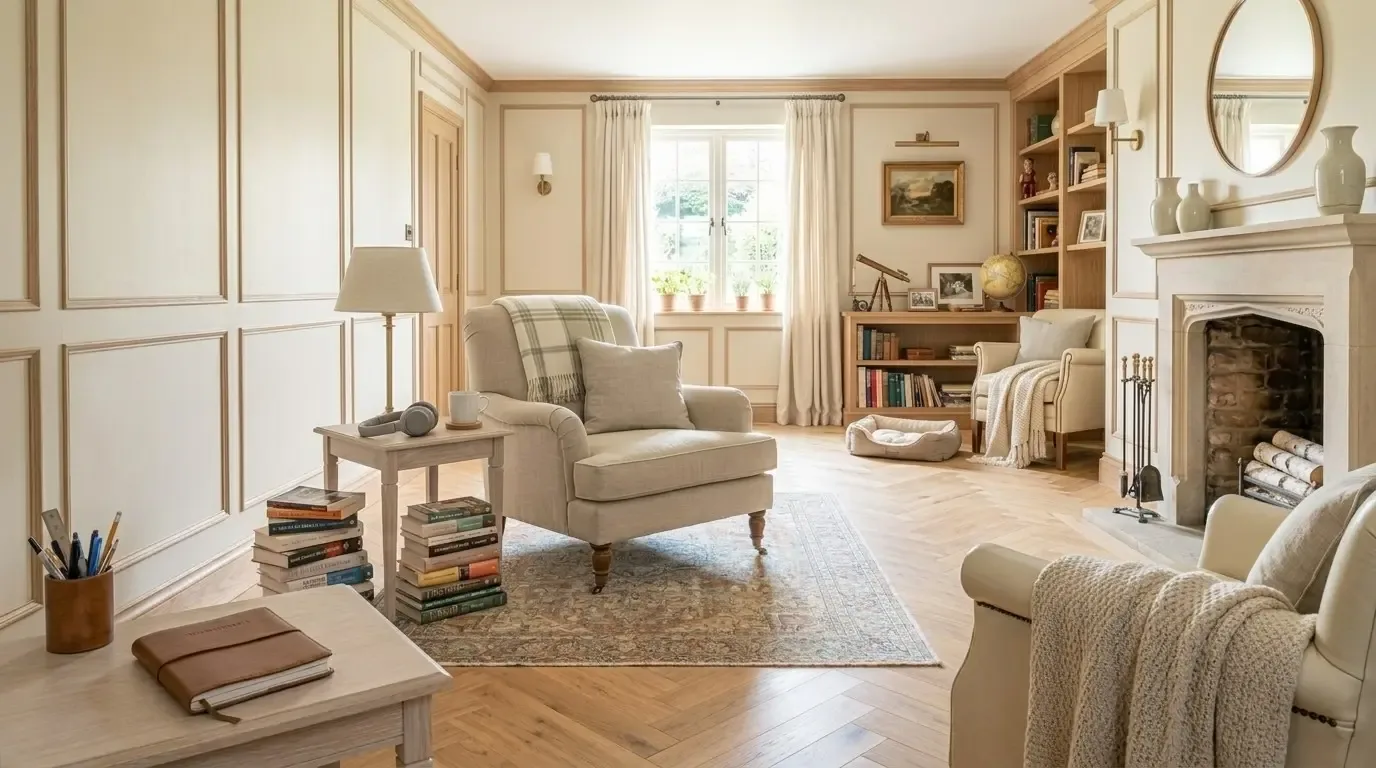 A cozy living room with beige armchairs, a fireplace, built-in bookshelves, and a large window with curtains