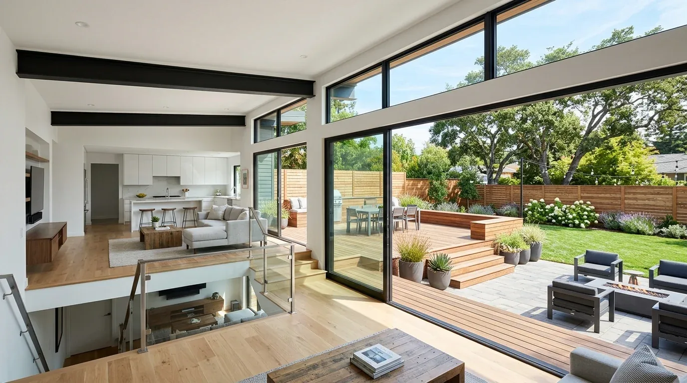 A modern open-concept living room and kitchen area with large sliding glass doors opening to a spacious outdoor deck and garden