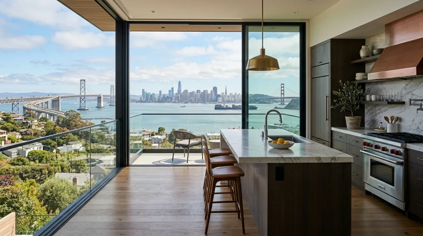Modern kitchen with marble island and bar stools overlooking a large window with a view of the San Francisco skyline and bridges