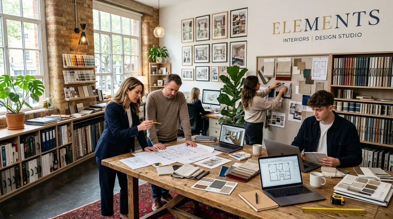 Design studio with a big wooden table surrounded by design materials. The interior has exposed brick walls and a modern industrial aesthetic