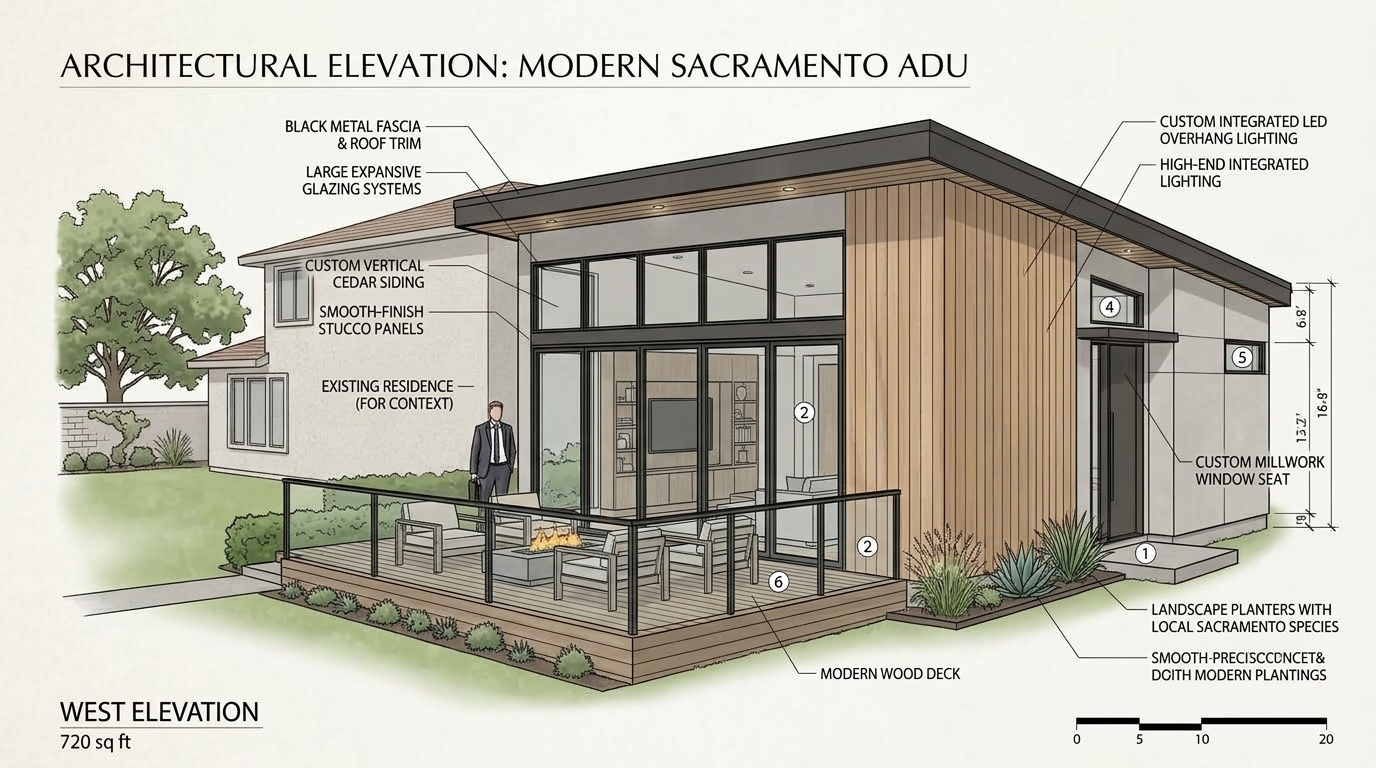 Illustrative elevation rendering of a modern Sacramento ADU with cedar siding, large glazing, and a wood deck