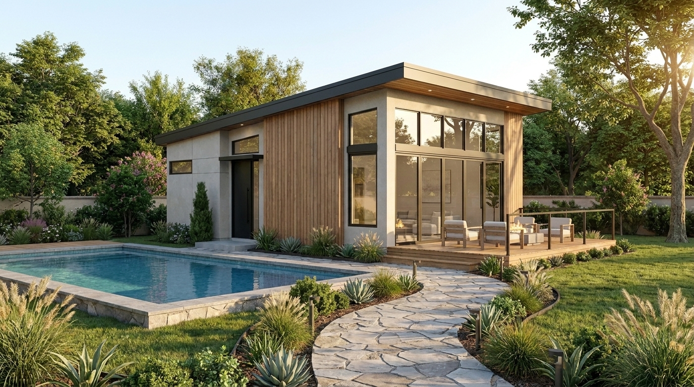 Illustrative rendering of a modern ADU with a wood and stucco exterior beside a backyard pool