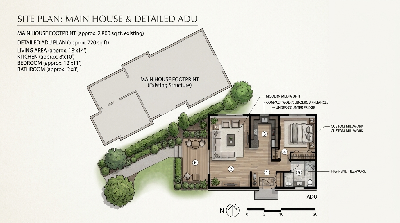 Illustrative site plan concept showing a main house footprint and a detailed 720 sq ft ADU layout with living area, kitchen, bedroom, and bathroom